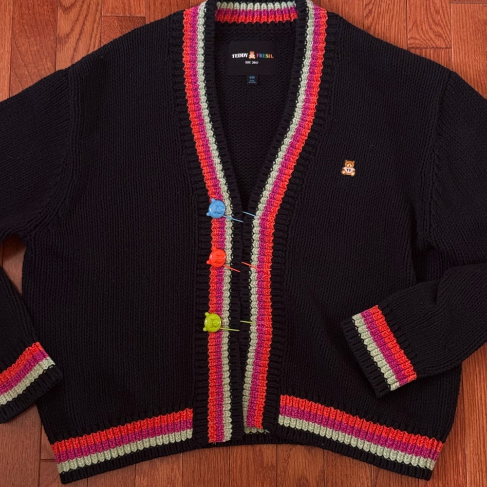 Teddy Fresh Black Cardigan with Colorful Trimming S/M - Picture 2 of 5